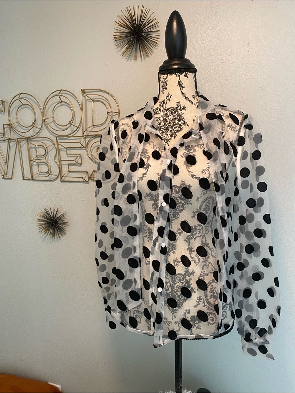 Women’s Black Polka Dot Sheer Button-Up Blouse